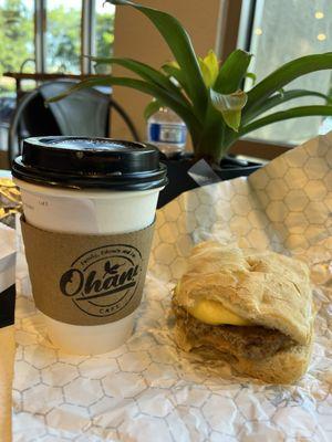 Breakfast sandwich and taro latte, delicious!!