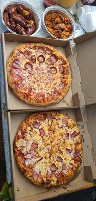 Hawaiian pizza and half pepperoni half cheese and Buffalo and BBQ wings