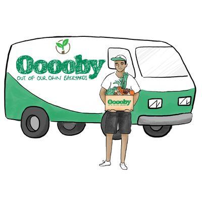 Ooooby delivery cartoon. Local organic produce and groceries on the go.