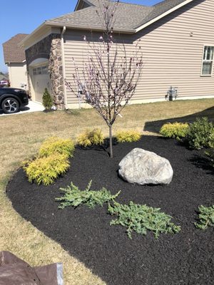 A boulder adds interest to the landscape