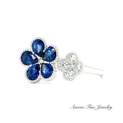 This Diamond Sapphire Dual Flower Ring has Natural Sapphires & Diamonds Set in 14kt White Gold. 2.21Carat Total Weight.