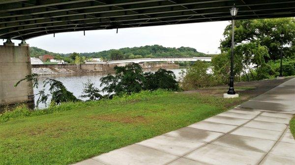 The pedestrian bridge as seen from Riverlink Park.