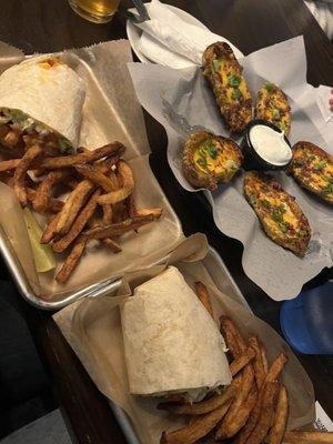 Potato skins and a buffalo chicken wrap