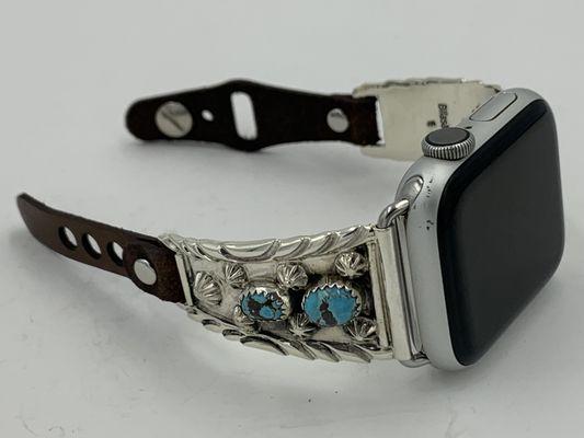 Ladies Turquoise and Silver Apple Watch band with black leather band made by Ronnie Spencer of the Navajo Nation