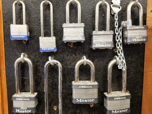 Master padlocks in different shackle lengths and body sizes.