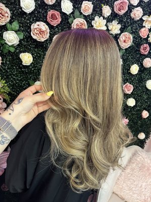 Balayage, lowlight, root touch up, and cut with style