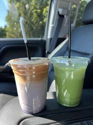 Iced Blueberry Latte, Matcha Latte