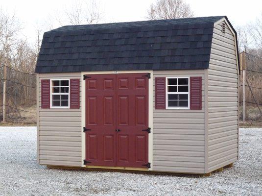 8x12 Big Barn with Clay vinyl siding, Almond trim and Burgundy shutters & doors