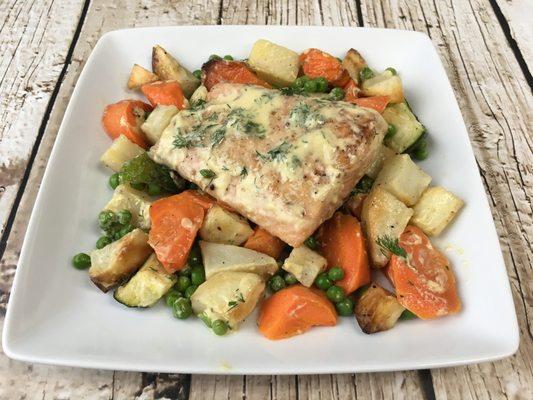 Dijon Dill Salmon over Local Vegetables