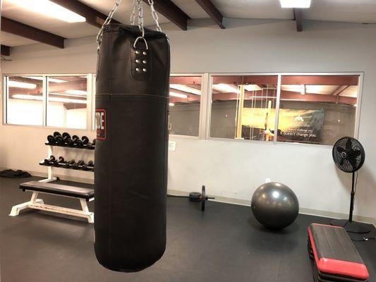 Heavy bag, Kettlebells, and lighter weights in our second floor training studio