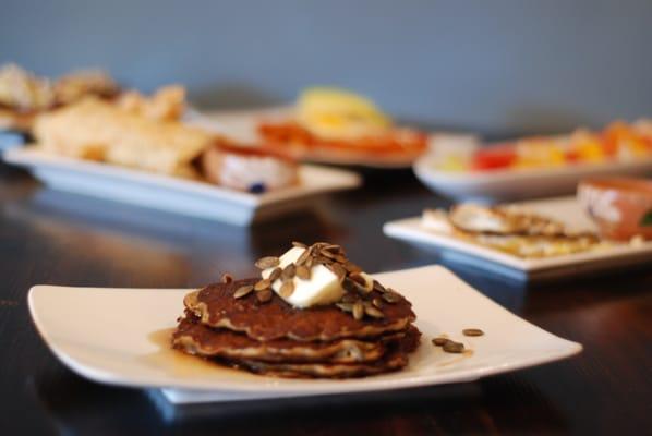 Roasted plantain and pumpkin seed pancakes for brunch