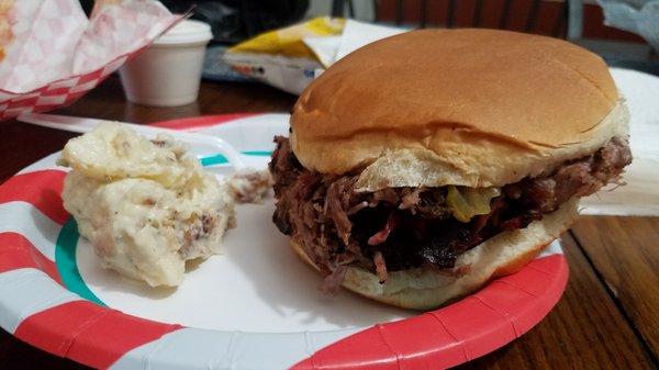 GIANT chopped brisket sandwich and potato salad.