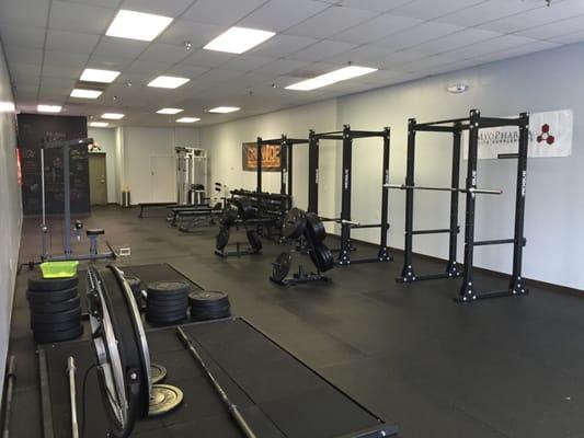 Free weights, squat racks, bumper plates, olympic lifting, power lifting, strength training area.