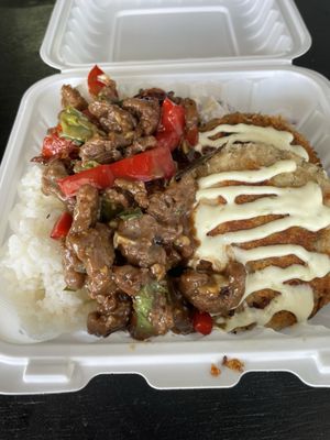 Mongolian beef with ahi cakes