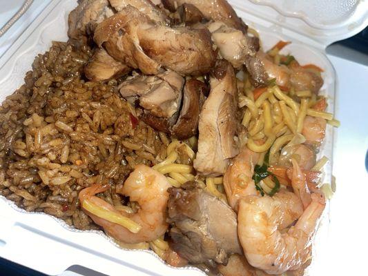 3 item combo plate.  Fried rice, shrimp lo mein and bourbon chicken.