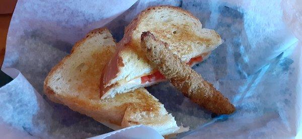 Grilled cheese with added tomato, & a fried pickle (I asked for fresh, which Todd brought). Comes with choice of cheese.