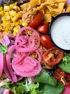 Crunchy Taco Salad...fork tender chipotle adobo shredded chicken. with fresh greens corn, roasted cherry tomato and much more deliciousness.