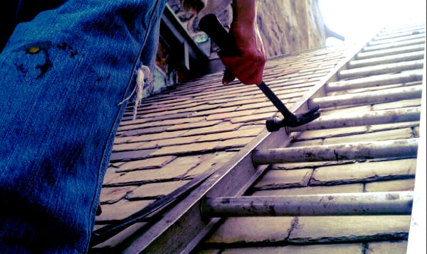 Repairing a slate roof on a church near Middleboro, MA.