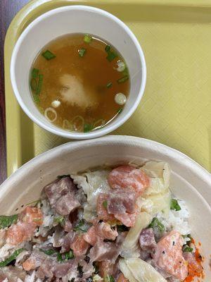 large salmon, albacore, tuna bowl with miso