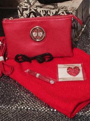 Red Red Red Messenger Bag, Scarf, Rhinestone Pen, Brooch