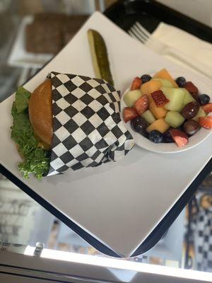 1/3 pound  all Angus beef cheeseburger with side of fresh fruit