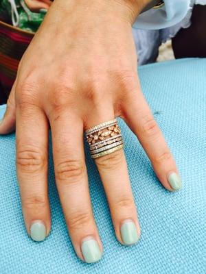 Stack it up - Tammy's beautiful white, rose, and yellow gold stacked rings!