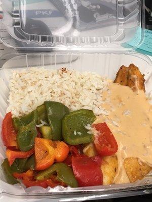 Cajun blackened tilapia with chipotle cream sauce and two sides lol when did chopped bell pepper become a side dish smh