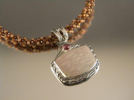 Fine Silver, Picture jasper and tourmaline on Kumihimo. Handmade by Bernadette