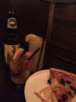 Old fashioned, whiskey sour, beer, and pizza. YUM.