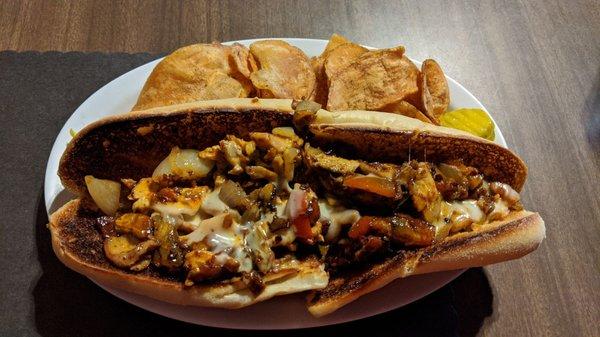 Big Papi's Chicken Cheesesteak: chicken w/pepper jack cheese, mushrooms, sautéed onions, sweet peppers, bacon & boom-boom sauce.