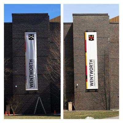 Custom applique building banner: before and after.