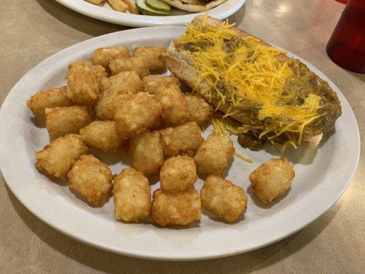 Coney with cheese & tator tots.