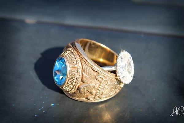 Engagement photos.  Shot of my engagement ring and husbands Coast Guard Academy ring.