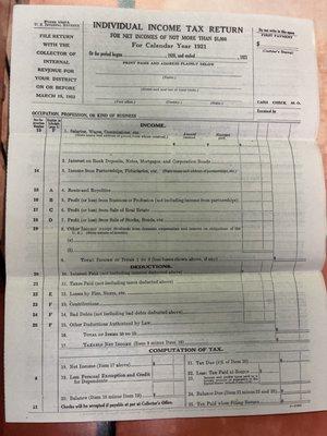 1921 Form 1040
Yes, Weve been doing taxes for a long time...