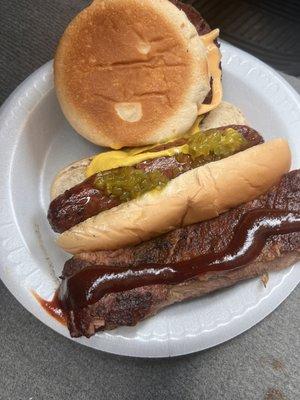 Ribs, sausage and cheeseburger