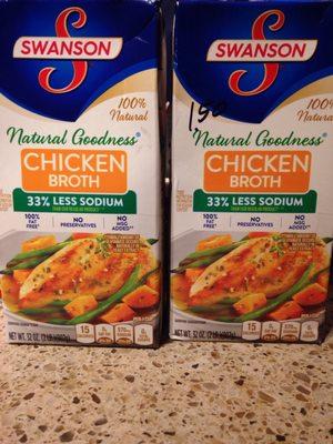 Aseptic packaged chicken broth for $1 each with near 1 year due dates, SCORE