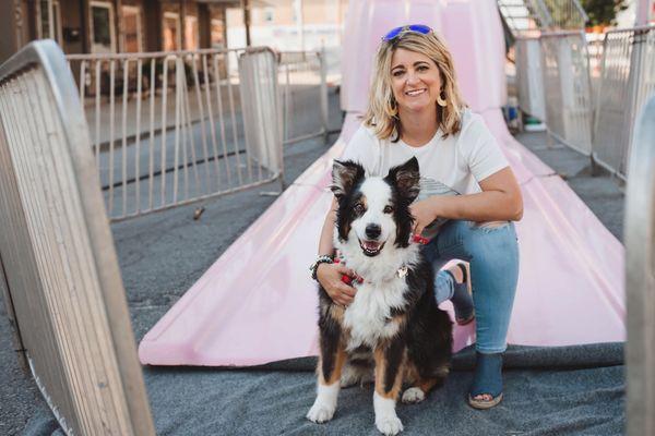 Owner and Founder of Blue Willow, Stephanie Campbell & her trusty shop dog, Bullet