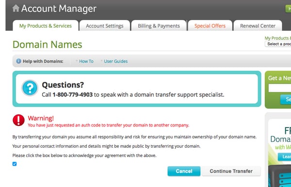 Changing registrars 3: Scary warning.  Ignore.  Check the TINY BOX and click "Continue Transfer."