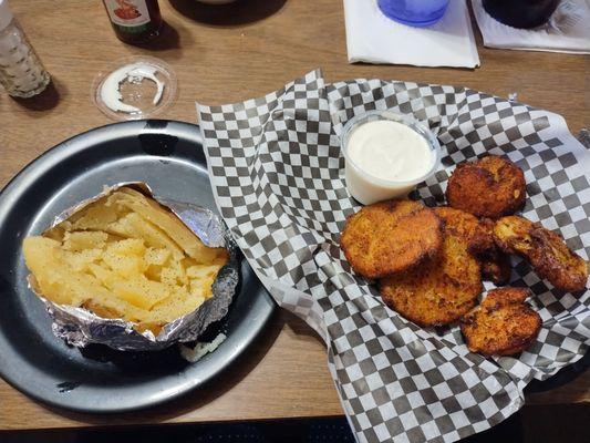 Baked potato, fried green tomatoes