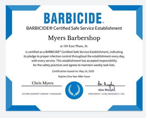 Myers barber shop has been certified by Barbicide. In the control and remediation of contagious pathogens.