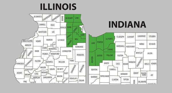 Rolling Video Games Of Chicagoland service areas marked in green.