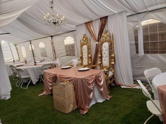 Tent, Draping, Maintable and throne chairs