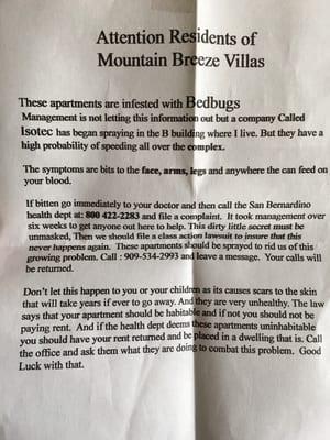 BedBugs to go along with their Roach infestation!!! Sad for everyone living there! Thank God There will be a Class Action Lawsuit!!!