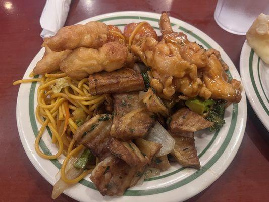 On this plate , potato and onions , broccoli and chicken, honey chicken, and noodles .