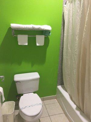 Nice lime green restroom with sanitized toilet.