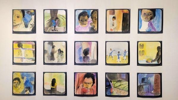 "Home Videos 1-5" by Alexandria Clay. Watercolor and charcoal.