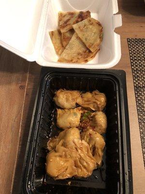 Scallion pancakes & Steamed Shrimp and Pork Wonton with Red Chili Sauce