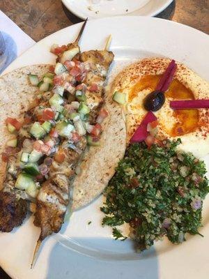 Chicken Breast Kabob platter with hummus and tabbouleh