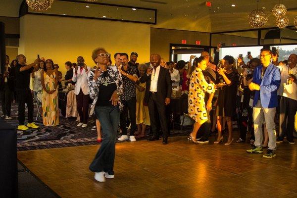 Me dancing at my 70th birthday party in my vintage jeans altered by Señora Lory!