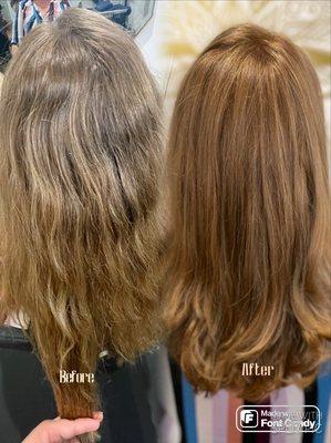 Lovely new client wanted to get back to her natural warmer color. 
Natural dimensional color coming right up!